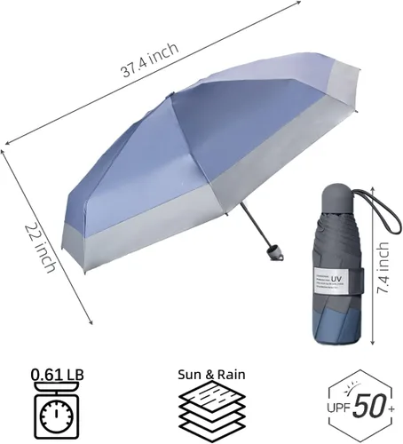 Vista 5 de Paraguas de viaje compacto plegable, paraguas pequeño para lluvia y sol, sombrilla con protección UV, bloqueador UV, 8 varillas resistente al