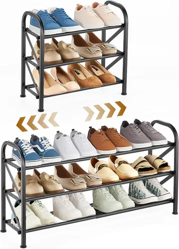 Vista 10 de Zapatero de 2 niveles para armario, zapatero expandible de 16 a 33 pulgadas, ajustable para entrada, armario, puerta, metal resistente, color negro