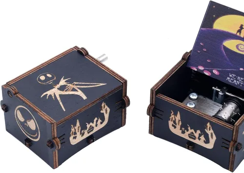 Vista 2 de Ddjbdb Caja musical de madera con manivela para regalo del día de San Valentín, melodía - This is Halloween, patrón de impresión, simplemente