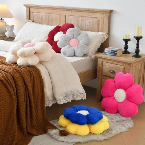 Vista 3 de Almohada en forma de flor, lindas almohadas decorativas con suave pelaje de conejo para sofá, cama, silla y suelo, almohadas de Navidad, cojines