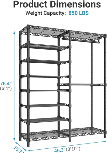 Vista 7 de VIPEK S2 Perchero resistente para ropa con estantes para zapatos, perchero independiente con estante para zapatos de 6 niveles, doble barra