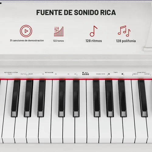 Vista 4 de UMOMO Piano digital de acción de martillo con peso de 88 teclas con banco de piano, soporte de madera vertical de 3 pedales, teclado de piano