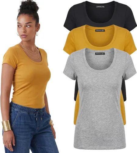 Vista 29 de Emmalise - Camiseta de manga corta para mujer, cuello redondo, estilo básico, pack de valor, tallas junior y grandes