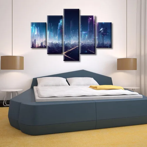 Vista 159 de Cuadros de 5 paneles de Cyberpunk City, arte de pared, representación de vallas publicitarias, edificios modernos en la capital con obras de arte
