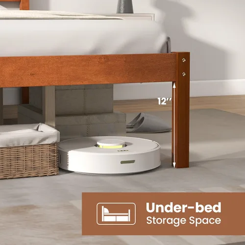 Vista 6 de Giantex Cama de plataforma de madera Queen con cabecero, marco de cama de madera maciza de mediados de siglo con soporte de listones de madera, base
