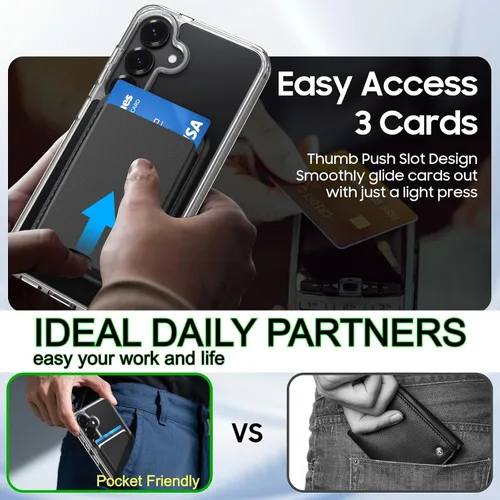 Vista 5 de Funda magnética para Samsung Galaxy S25 FE, transparente y negro con soporte para tarjetas de crédito desmontable, compatible con MagSafe, ajuste