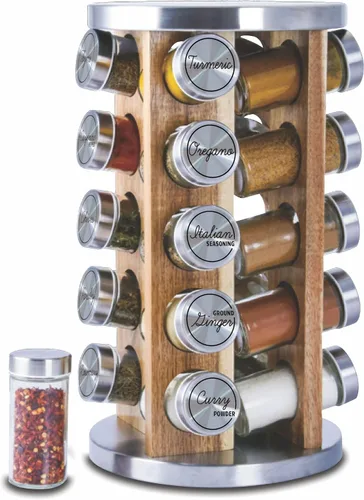 Vista 9 de Orii Repisa para 20 tarros de madera de acacia oscura con especias incluidas - Organizador giratorio en torre para especias y condimentos de cocina