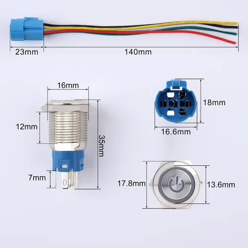 Vista 2 de 2 piezas de interruptor de botón de metal de cierre de 16 mm, 12V-24V, encendido/apagado, 1NO 1NC, impermeable, autoblocante, carcasa plateada