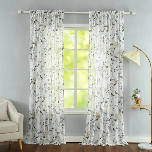 Vista 18 de VOGOL Cortina de ventana estilo campestre, cortinas estampadas con patrón de pájaros y hojas para dormitorio, paneles decorativos con ojales