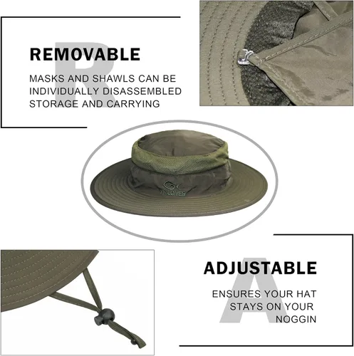 Vista 4 de YR.Lover Gorra de pesca de ala ancha con protección solar UV para exteriores con solapa extraíble