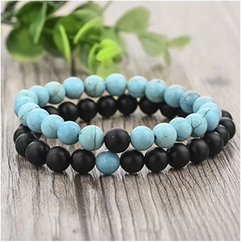Vista 2 de Pulseras para Él y para Ella en ágata negra mate y turquesa de 8 mm, brazalete de distancia de arenisca para parejas, marca Xiaoli.
