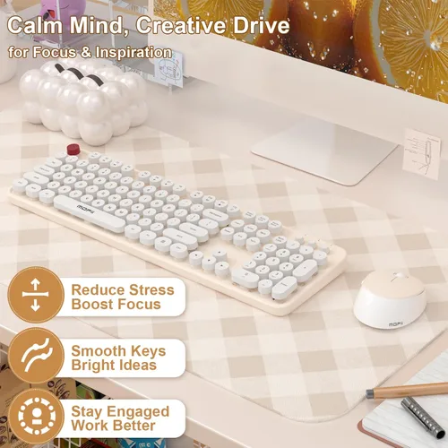 Vista 4 de MOFII - Combo de teclado y mouse inalámbricos, 104 teclas redondas retro de tamaño completo, teclados ergonómicos y mouse inalámbricos para Windows