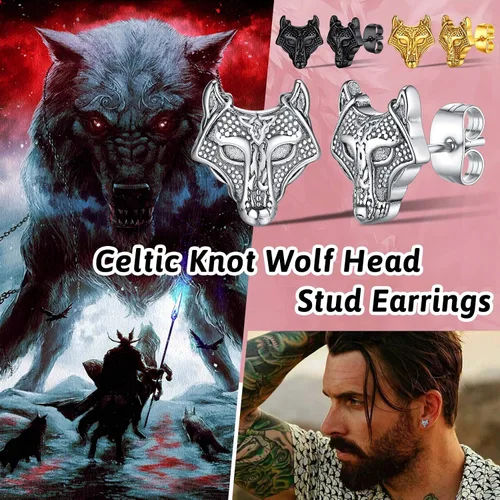Vista 2 de FaithHeart Norse Vikingo Jewelry - Aretes de tuerca de plata de ley de acero inoxidable, lobo celtamartillo de Thors para mujeres y hombres, Acero