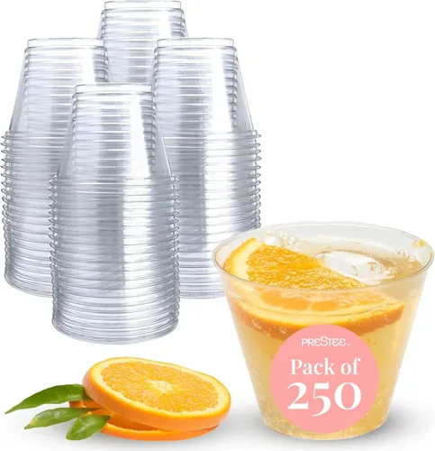 Vista 15 de Prestee Paquete de 50 vasos de plástico – Vasos desechables transparentes de 9 onzas para bebidas frías, cócteles y postres – Taza pequeña duradera