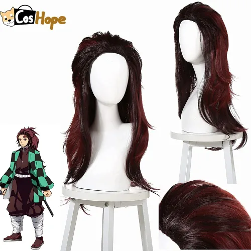 Vista 2 de LCNING Tanjiro Cosplay Kimetsu No Yaiba Kamado Tanjirou Cosplay Mujer Rojo Marrón Peluca Cosplay Anime Cosplay resistente al calor Pelucas sintéticas
