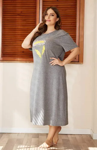 Vista 5 de Camisón de manga corta para mujer, talla grande, con estampado largo, cuello redondo, ropa de dormir, cómoda camisa para dormir