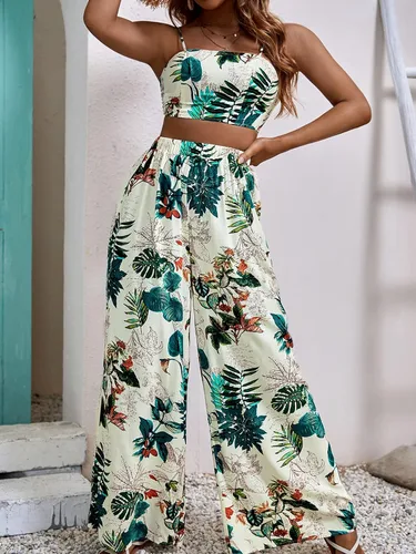 Vista 3 de GORGLITTER Conjunto de 2 piezas para mujer, con estampado tropical, lazo en la espalda, conjunto de pantalones de pierna ancha