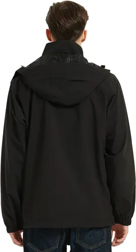 Vista 4 de MOERDENG Chaqueta impermeable para hombre, ligera, con capucha, para senderismo, cortavientos softshell