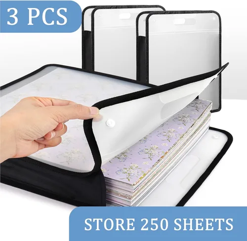 Vista 3 de Caydo Organizador de papel para álbum de recortes, paquete de 3 folios de papel expandible negro con asa, almacenamiento de papel portátil