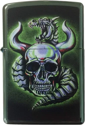 Vista 2 de Zippo Encendedor personalizado - Dragón metálico camaleón y calavera