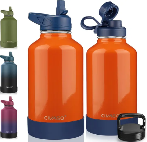Vista 44 de CIVAGO Botella de agua aislada de 22 onzas con pajita, frasco de agua deportiva de acero inoxidable con 3 tapas