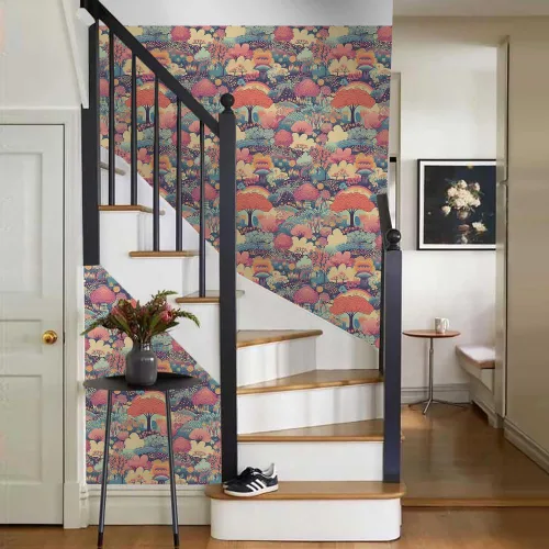 Vista 6 de MuralPeel Flores de Árbol Rosas Coloridas Fantásticas Arcoíris Maravilla de Fantasía Paisaje de Cuento de Hadas Papel Pintado de Despegar y Pegar