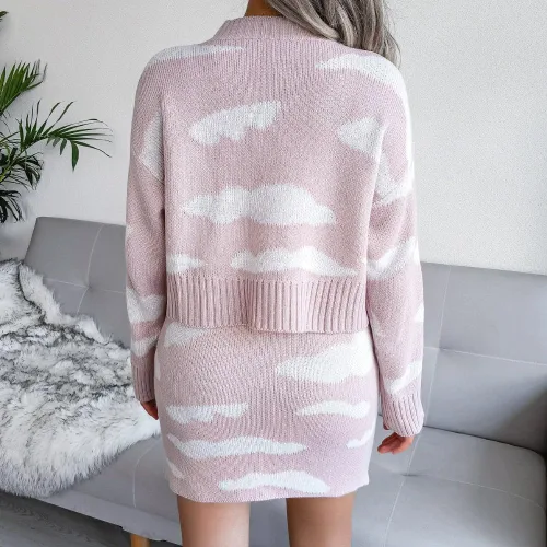 Vista 6 de ONDIAN Women 2 Piece Knit Crew Neck Long Sleeve Outfits Loose Pullover Sweater Crop Top Mini Skirt Sets Bodycon Skirts
