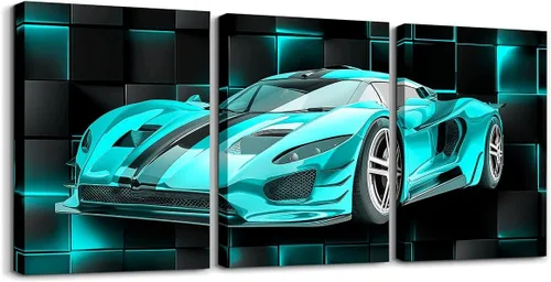 Vista 7 de Feelyou Cuadro azul de carreras para pared, 12 x 16 pulgadas, 3 piezas de autos deportivos de velocidad, lienzo para decoración de pared, diseño