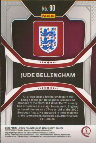Vista 2 de Panini Prizm Copa Mundial de la FIFA Qatar #90 Jude Bellingham England 2022