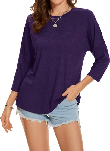 Vista 150 de ZENNILO Camisetas casuales de manga 3/4 para mujer, holgadas, cuello redondo, lindas camisetas básicas