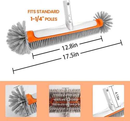 Vista 3 de Poolvio Cepillo profesional de limpieza de piscinas de piso y pared de 17.5 pulgadas con cerdas de nailon resistentes, mango de aluminio EZ Clip