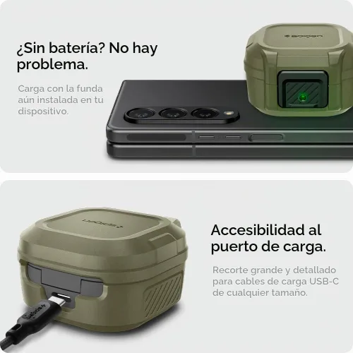 Vista 7 de Spigen Ajuste de bloqueo para Galaxy Buds Core, Buds FE, Buds 2 Pro y Buds Vintage Caqui