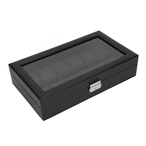 Vista 5 de Gabinetes y estuches con textura de fibra de carbono, cubierta acrílica gruesa para reloj, caja de almacenamiento de reloj, 12 ranuras, organizador