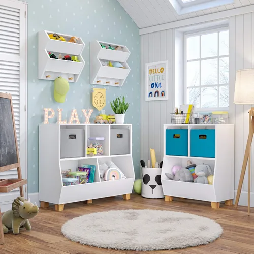 Vista 5 de RiverRidge Estantería para niños, organizador de almacenamiento de juguetes con 2 cubos y espaciosa papelera, organizador de juguetes blanco