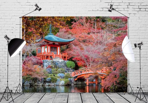 Vista 3 de BELECO Telón de fondo japonés, 5 x 3 pies, templo japonés Daigo-ji, ciudad de Kioto, otoño, arces rojos, paisaje, río, puente de jardín, telón