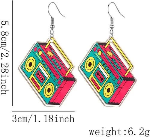 Vista 2 de Aretes de cinta retro de moda para fiesta de los años 80, para mujer, punk, retro, cassette, aplastamiento, colorido, colgante, fiesta, club