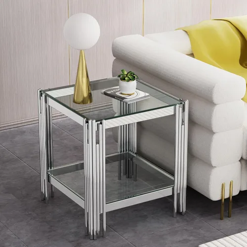 Vista 14 de Mesa auxiliar rectangular de vidrio de 48 pulgadas, mesa de centro de 2 niveles con parte superior de vidrio templado negro, patas de acero