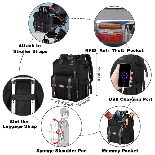 Vista 6 de Jiefeike Mochila para pañales para bebés, niños y niñas, bolsas de pañales portátiles para bebé, mochila para papá y mamá, bolsa de pañales