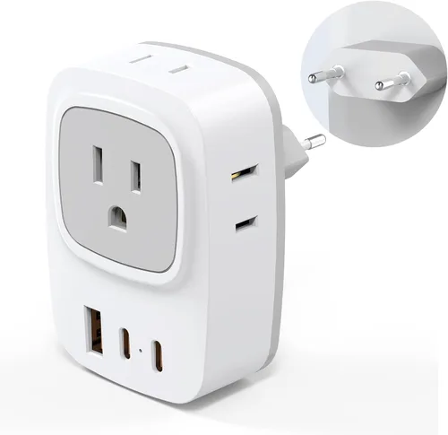 Vista 10 de Paquete de 2 adaptadores de enchufe de viaje europeos, adaptador de corriente 7 en 1 Brasil, 4 salidas de CA con 3 puertos de carga USB, adaptador