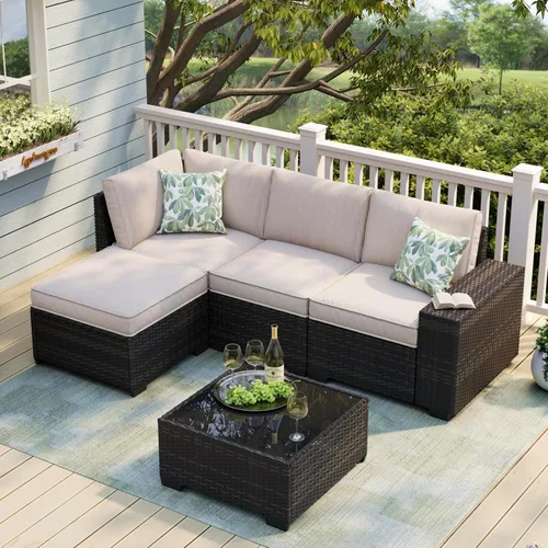 Vista 18 de JOYURE Juego de muebles de patio de 5 piezas, sofá de exterior con cojines impermeables, sofá de patio en forma de L de ratán y mesa auxiliar Gris