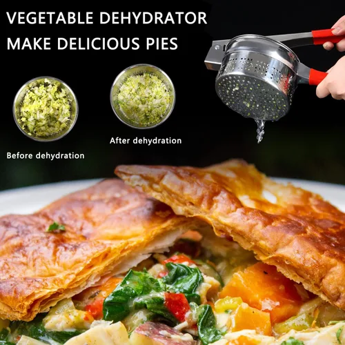 Vista 6 de Exprimidor de verduras de acero inoxidable de 13.5 onzas, mango de silicona roja antideslizante, exprimidor de agua vegetal de metal para exprimir