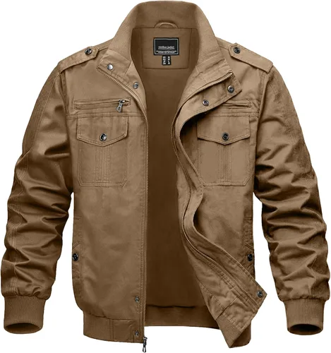 Vista 11 de MAGNIVIT Chaqueta cortavientos militar ligera para hombre con cuello parado, cierre frontal, 7 bolsillos - Algodón Negro