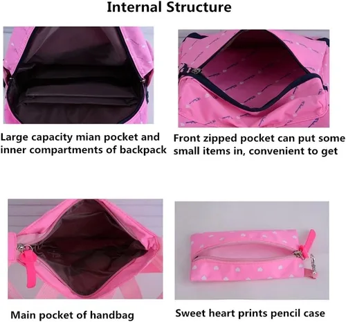 Vista 3 de VIDOSCLA - Juego de 3 piezas con mochila escolar básica para el hombro, lonchera y lapicera, con estampado de corazón y moños, para chicas
