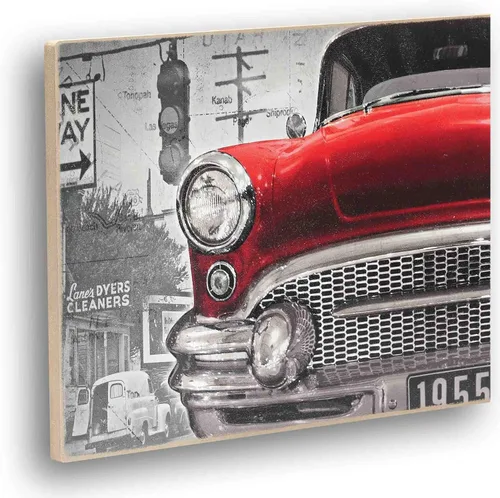 Vista 4 de Red Classic Car Route 66 Retro Wood Wall Decor – Arte de pared de coche clásico grande para hombre cueva, garaje o sala de estar Rojo