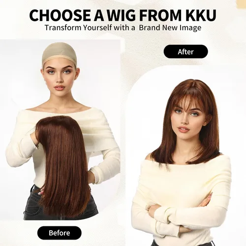 Vista 3 de KKU Pelucas de cabello humano de 16 pulgadas para mujer, peluca de cabello lacio en capas con flequillo, realismo natural, pelucas de cabello real