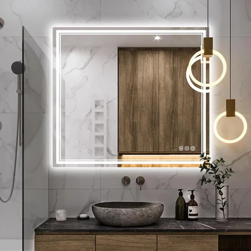 Vista 23 de Ratsamee Espejo de baño LED de 30x30 pulgadas con iluminación frontal y trasera (control independiente), espejo iluminado para pared de baño con 3