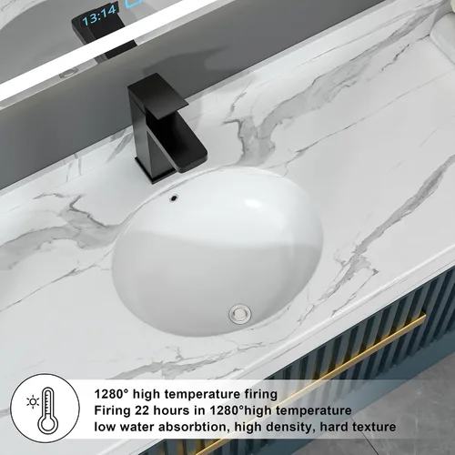 Vista 4 de Fregadero ovalado de cerámica para debajo de la encimera, de 19 x 16 pulgadas, lavabo ovalado de porcelana blanca con desbordamiento