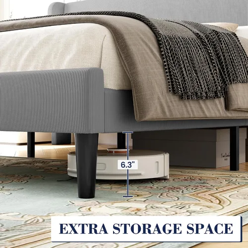 Vista 7 de Base de cama de tamaño matrimonial con cabecera tapizada, base de cama de plataforma de madera con 2 bolsillos de almacenamiento, respaldo de ala