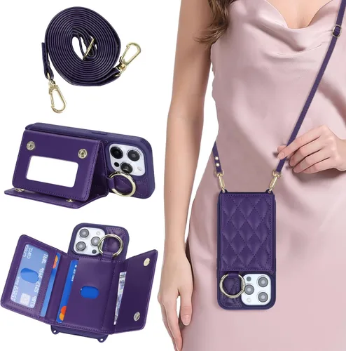 Vista 22 de Funda para iPhone 14 con tarjetero y correa para mujer, cordón cruzado, espejo de maquillaje, soporte de anillo, cierre a presión, bonitas fundas