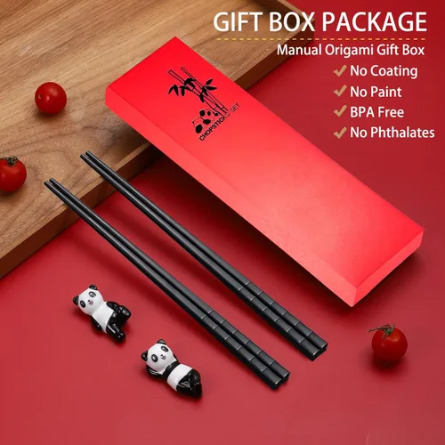 Vista 2 de Juego de palillos panda con reposo de regalo, aptos para lavavajillas, reutilizables, de fibra de vidrio, palillos y soporte de porcelana